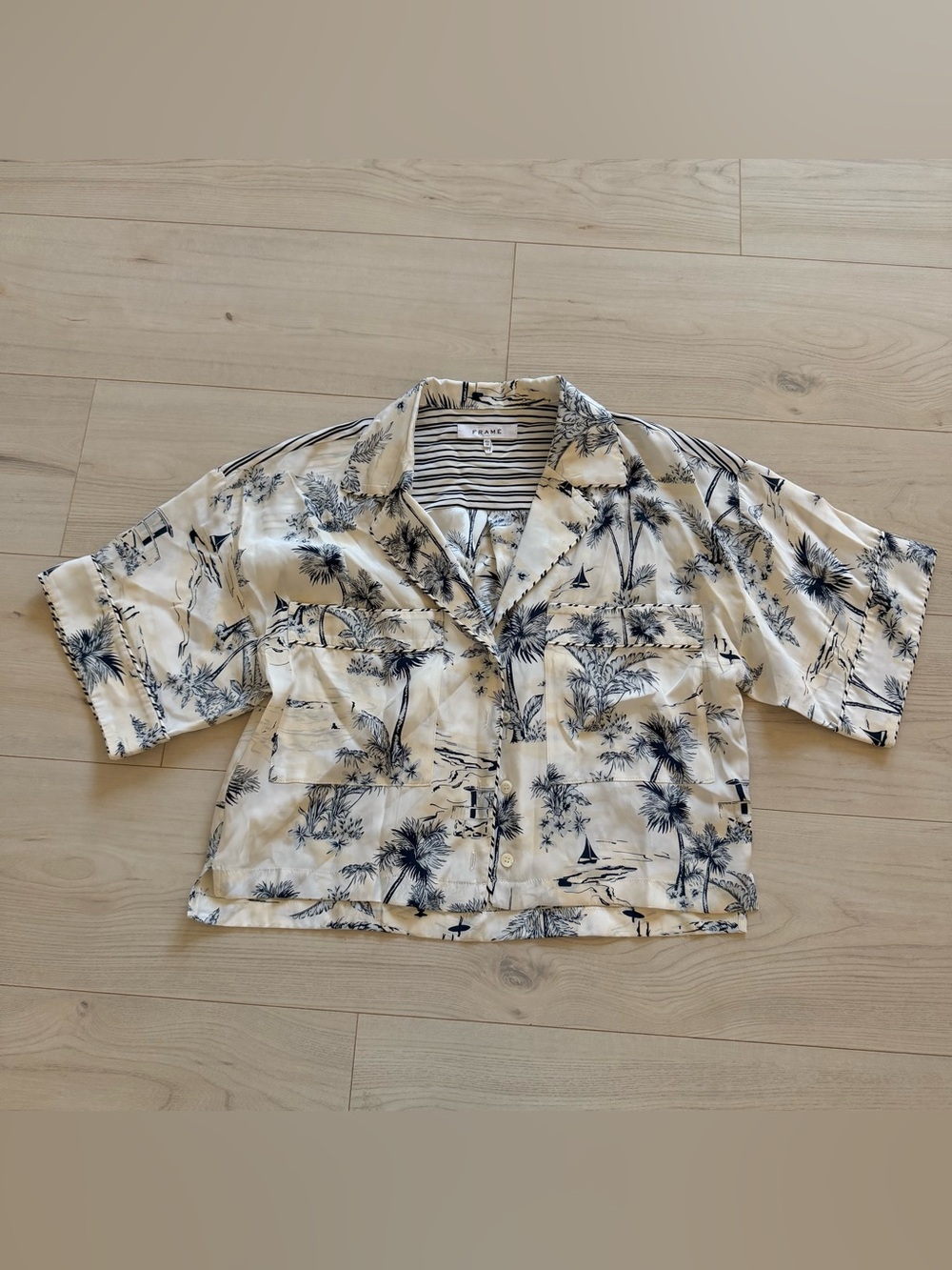 Frame Silk Cream and Navy Tropical Crop Button Shirt